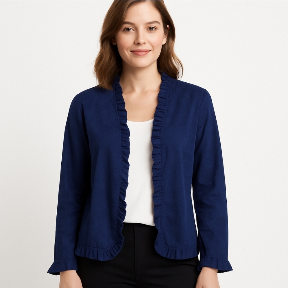 Cato Navy Collarless Ruffled Open Jacket Size Lg